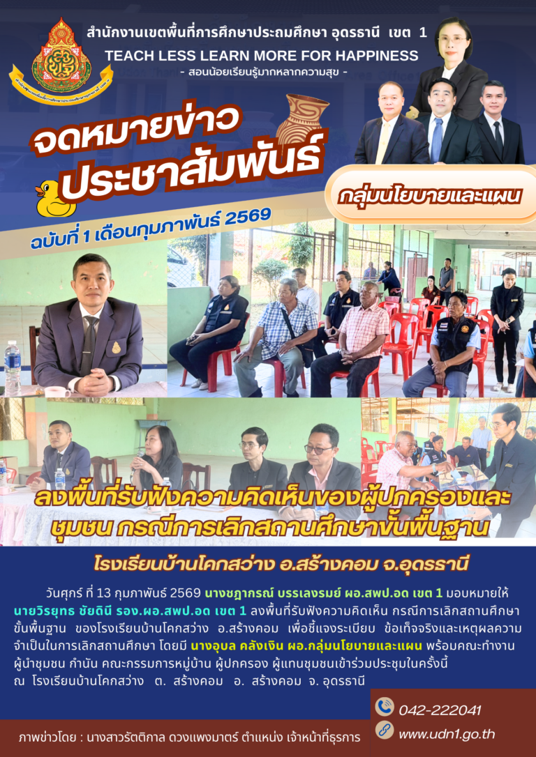 ลงพื้นที่รับฟังความคิดเห็นของผู้ปกครองและชุมชน กรณีการเลิกสถานศึกษาขั้นพื้นฐาน ของโรงเรียนบ้านโคกสว่าง อ.สร้างคอม จ.อุดรธานี